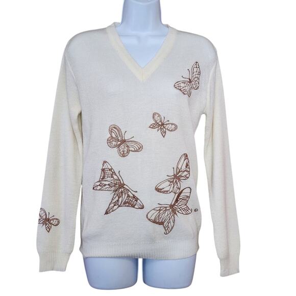 Cyn Les Womens Pullover Sweater Size S-M Ivory Embroidered Butterflies V-Neck - Picture 1 of 9